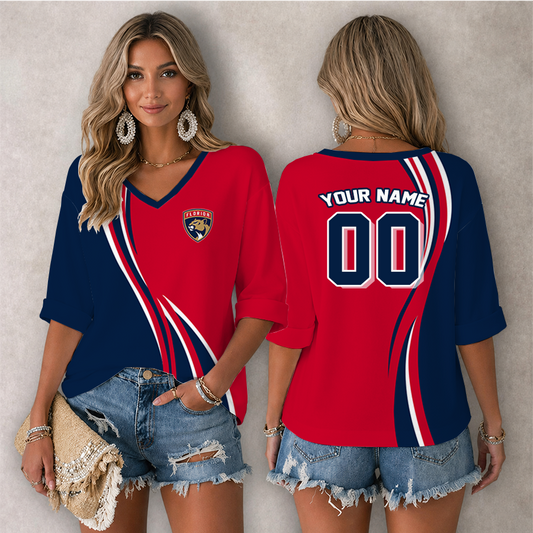 [SUPER SALE] NEW CUSTOMIZED NHL01 FPT FLORIDA PANTHERS WOMEN'S HEART V-NECK LONG SLEEVE SHIRT