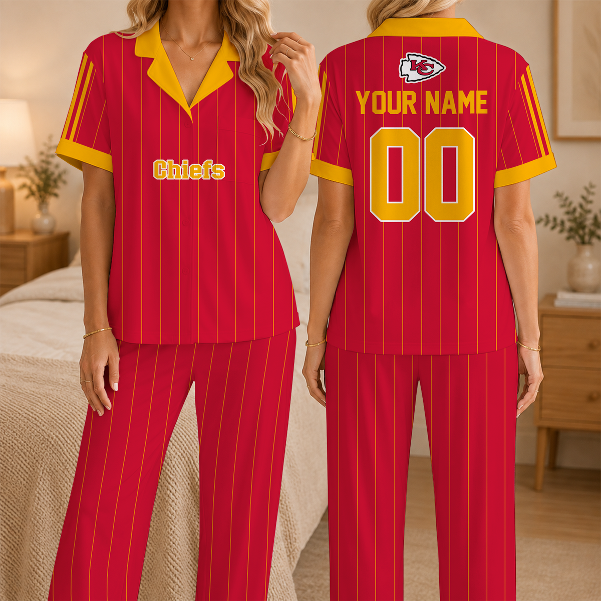 [SPECIAL OFFER] NEW CUSTOMIZED NFL01 KCC KANSAS CITY CHIEFS SHORT SLEEVE & LONG PANTS PAJAMAS SET