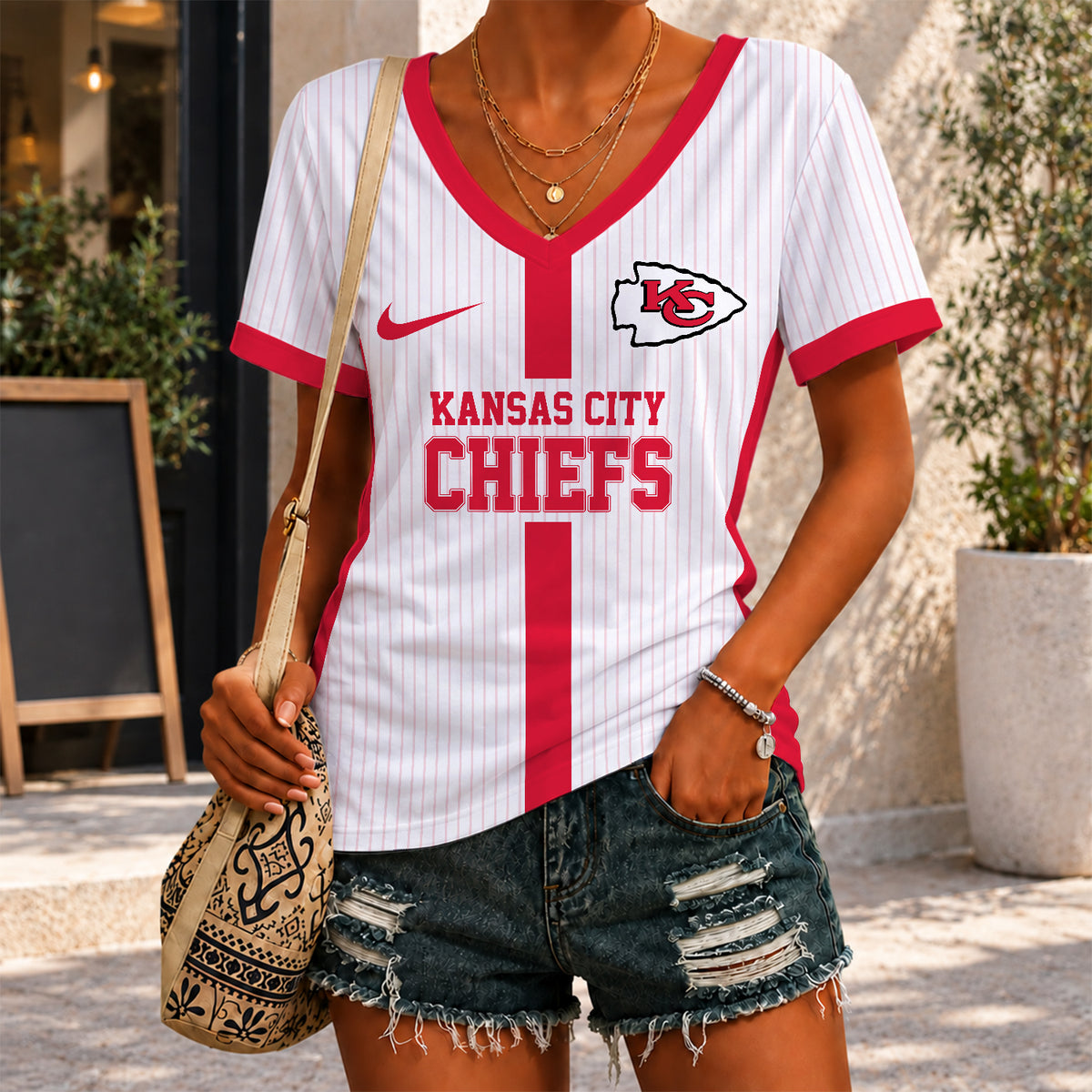 [SPECIAL OFFER] NEW CUSTOMIZED NFL01 KCC KANSAS CITY CHIEFS V-NECK FEMALE SHIRT