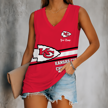 [SPECIAL OFFER] NEW CUSTOMIZED NFL01 KCC KANSAS CITY CHIEFS WOMEN'S V-NECK TANK TOP
