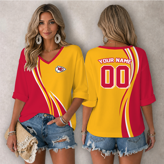 [SPECIAL OFFER] NEW CUSTOMIZED NFL01 KCC KANSAS CITY CHIEFS WOMEN'S HEART V-NECK LONG SLEEVE SHIRT