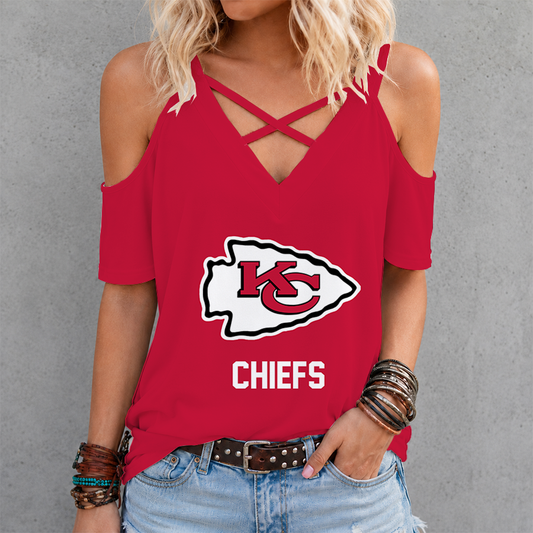 [SPECIAL OFFER] NEW CUSTOMIZED NFL01 KCC KANSAS CITY CHIEFS CRISS CROSS V-NECK TOP
