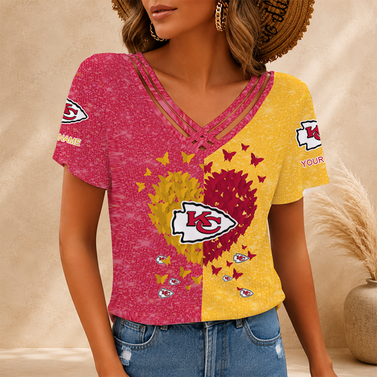 [SPECIAL OFFER] NEW CUSTOMIZED NFL01 KCC KANSAS CITY CHIEFS V-NECK SHIRT