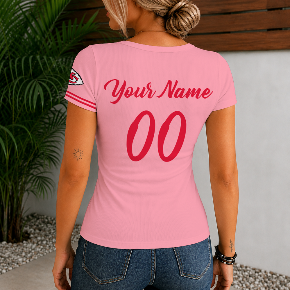 [SPECIAL OFFER] NEW CUSTOMIZED NFL01 KCC KANSAS CITY CHIEFS WOMEN'S SHORT SLEEVE HENLEY T-SHIRT