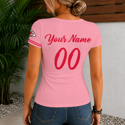 [SPECIAL OFFER] NEW CUSTOMIZED NFL01 KCC KANSAS CITY CHIEFS WOMEN'S SHORT SLEEVE HENLEY T-SHIRT