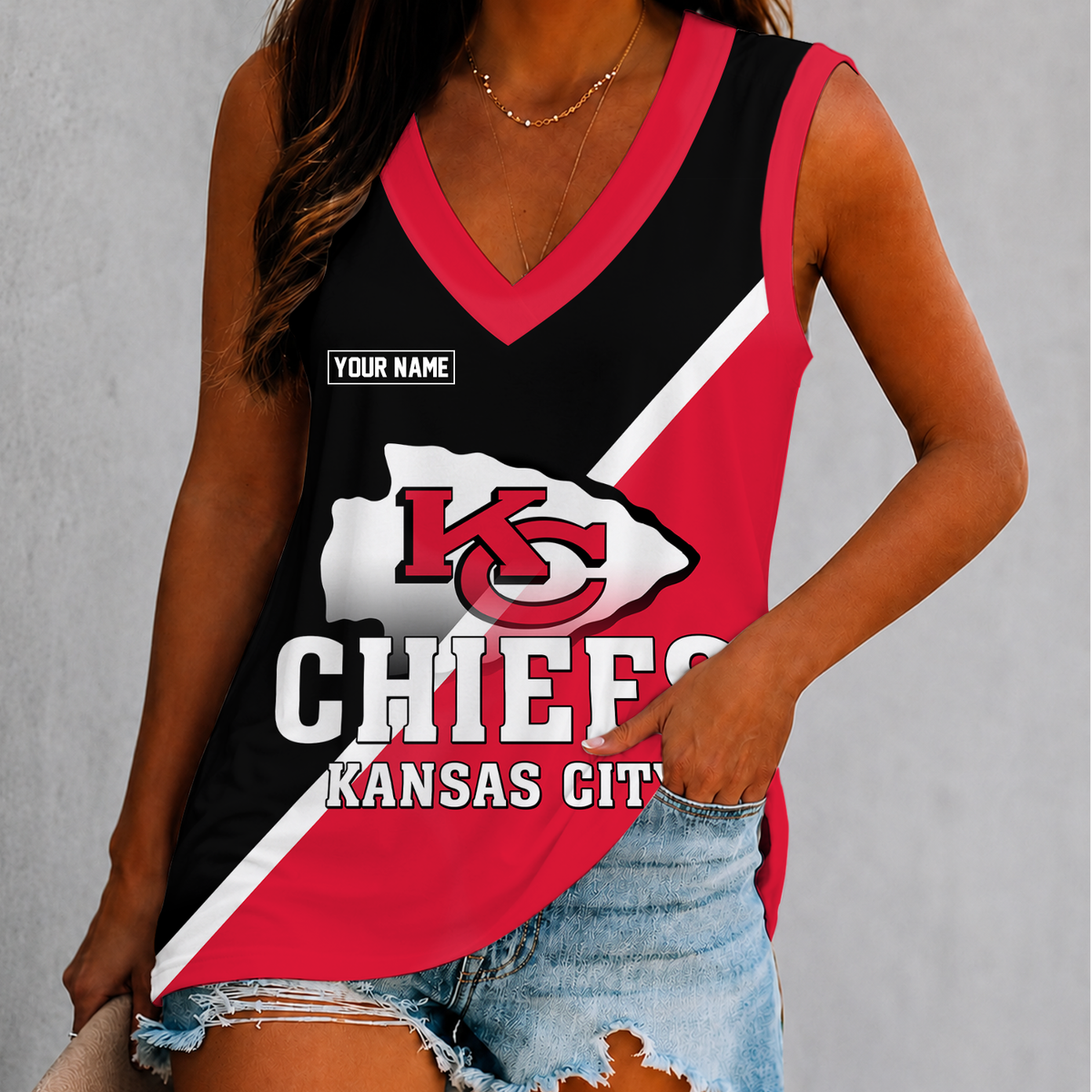 [SPECIAL OFFER] NEW CUSTOMIZED NFL01 KCC KANSAS CITY CHIEFS WOMEN'S V-NECK TANK TOP
