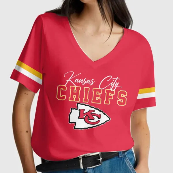 [SPECIAL OFFER] NEW CUSTOMIZED NFL01 KCC KANSAS CITY CHIEFS V-NECK FEMALE SHIRT