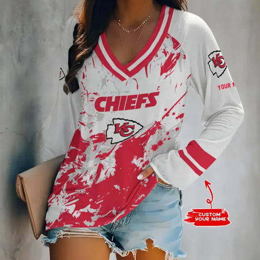 [HOT DEAL] NEW CUSTOMIZED NFL01 KCC KANSAS CITY CHIEFS WOMEN'S V-NECK LONG SLEEVED SHIRT