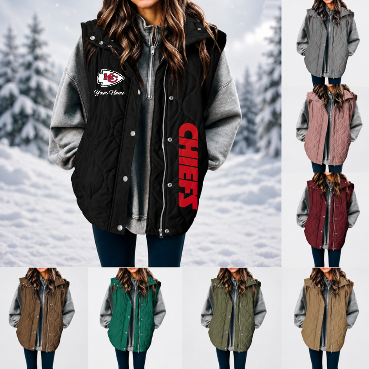 [SPECIAL OFFER] NEW CUSTOMIZED NFL01 KCC KANSAS CITY CHIEFS WOMEN'S MULTICOLOR SLEEVELESS PUFFER COAT