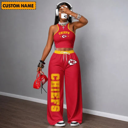 [SPECIAL OFFER] NEW CUSTOMIZED NFL01 KCC KANSAS CITY CHIEFS WOMEN'S CROP TOP & LONGPANTS SET