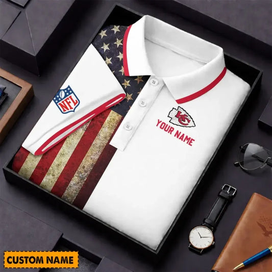 [SPECIAL OFFER] NEW CUSTOMIZED NFL01 KCC KANSAS CITY CHIEFS US FLAG POLO SHIRT