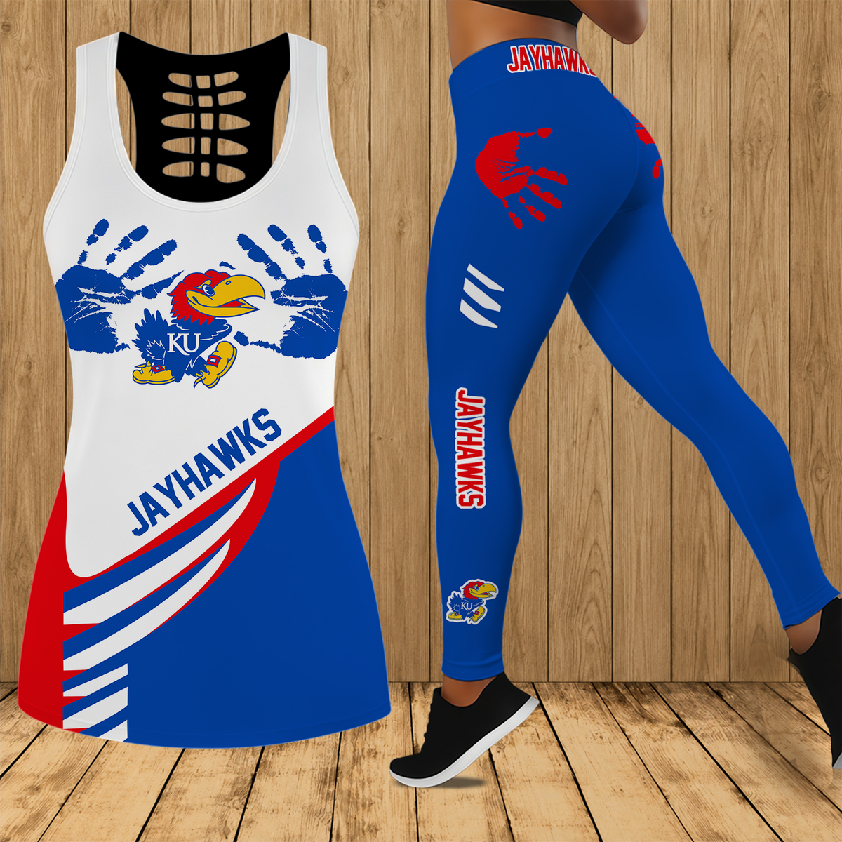 [FAN FAVORITE] NEW CUSTOMIZED NCAA MAM01 KSJ KANSAS JAYHAWKS STRAPPY HOLLOW TANK TOP & LEGGINGS SET