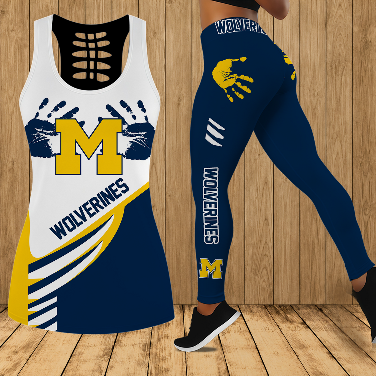 [FAN FAVORITE] NEW CUSTOMIZED NCAA CWS01 MIW MICHIGAN WOLVERINES HOLLOW TANK TOP & LEGGINGS SET