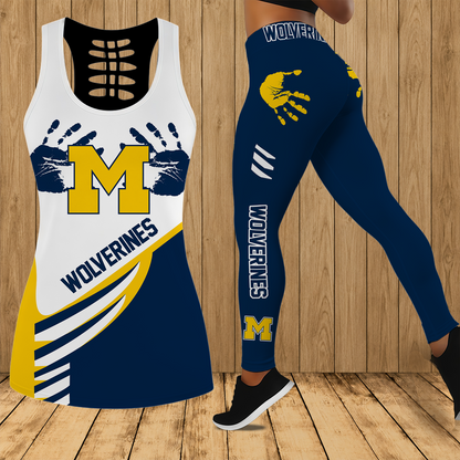 [FAN FAVORITE] NEW CUSTOMIZED NCAA CWS01 MIW MICHIGAN WOLVERINES HOLLOW TANK TOP & LEGGINGS SET