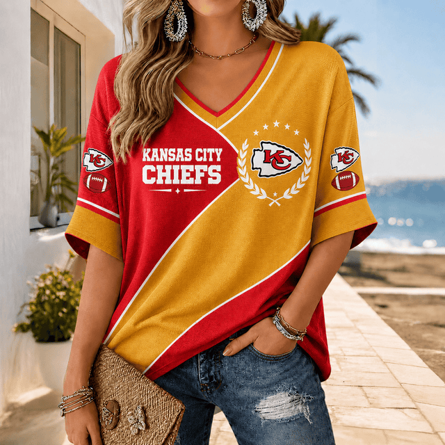 [SPECIAL OFFER] NEW CUSTOMIZED NFL01 KCC KANSAS CITY CHIEFS WOMEN'S HEART V-NECK LONG SLEEVE SHIRT