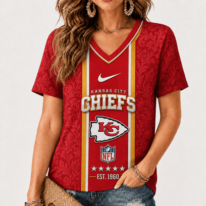 [SPECIAL OFFER] NEW CUSTOMIZED NFL01 KCC KANSAS CITY CHIEFS V-NECK FEMALE SHIRT