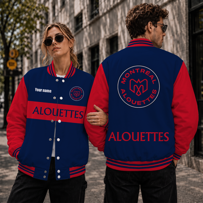 [FAN EXCLUSIVE] NEW CUSTOMIZED CFL01 MTL MONTREAL ALOUETTES STRAPPY BASEBALL JACKET, SATIN VARSITY JACKET