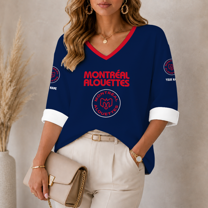 [FAN EXCLUSIVE] NEW CUSTOMIZED CFL01 MTL MONTREAL ALOUETTES STRAPPY WOMEN'S HEART V-NECK LONG SLEEVE SHIRT