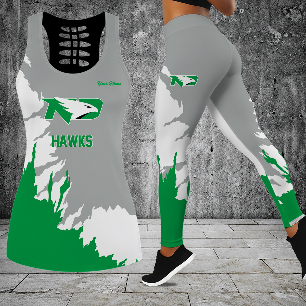 [FAN FAVORITE] NEW CUSTOMIZED NCAA MFF01 NFH NORTH DAKOTA FIGHTING HAWKS HOLLOW TANK TOP & LEGGINGS SET