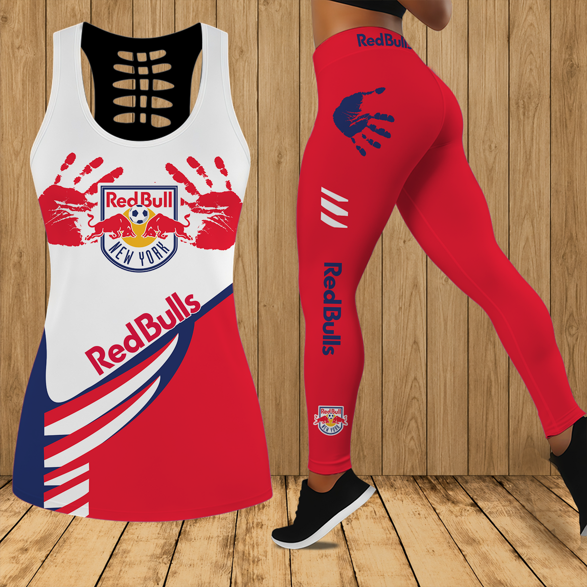 [FAN EXCLUSIVE] NEW CUSTOMIZED MLS01 NRB NEW YORK RED BULLS HOLLOW TANK TOP & LEGGINGS SET