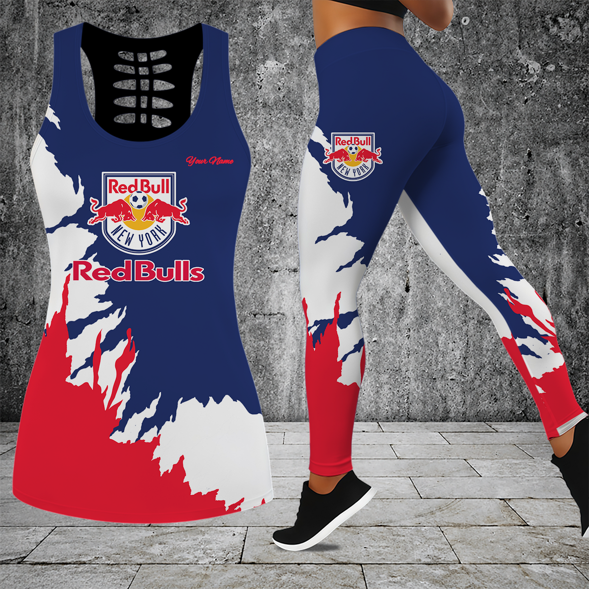 [FAN EXCLUSIVE] NEW CUSTOMIZED MLS01 NRB NEW YORK RED BULLS HOLLOW TANK TOP & LEGGINGS SET
