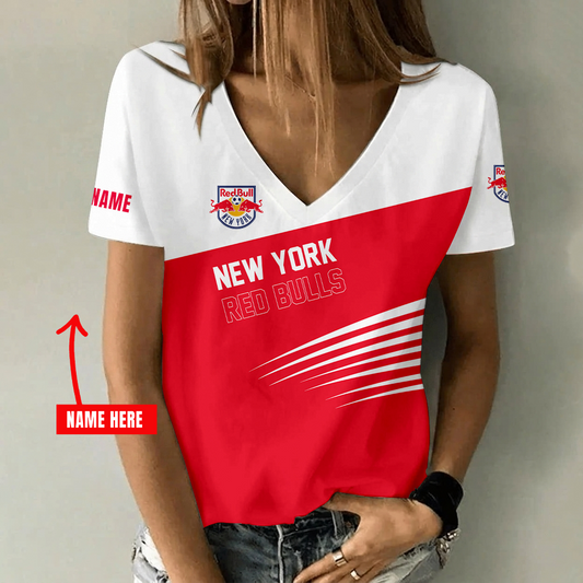 [FAN EXCLUSIVE] NEW CUSTOMIZED MLS01 NRB NEW YORK RED BULLS V-NECK FEMALE SHIRT