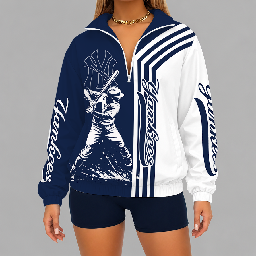 LIMITED EDITION - NEW CUSTOMIZED MLB01 NYY NEW YORK YANKEES V-NECK ZIPPER SWEATSHIRT JACKET