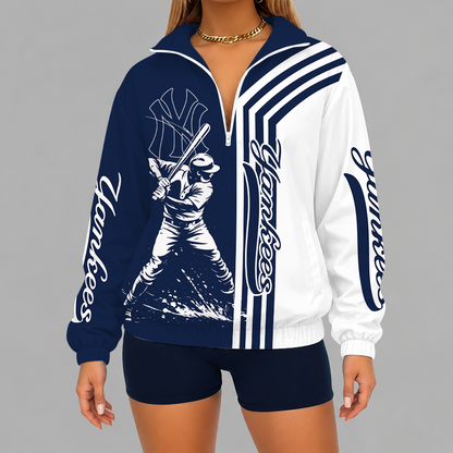 LIMITED EDITION - NEW CUSTOMIZED MLB01 NYY NEW YORK YANKEES V-NECK ZIPPER SWEATSHIRT JACKET
