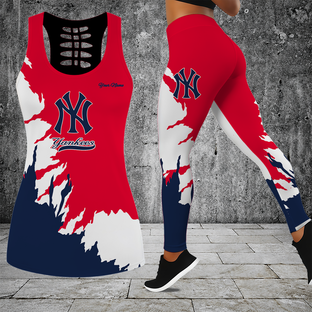 [FLASH SALE] NEW CUSTOMIZED MLB01 NYY NEW YORK YANKEES HOLLOW TANK TOP & LEGGINGS SET
