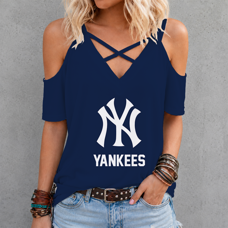 [FLASH SALE] NEW CUSTOMIZED MLB01 NYY NEW YORK YANKEES CRISS CROSS V-NECK TOP