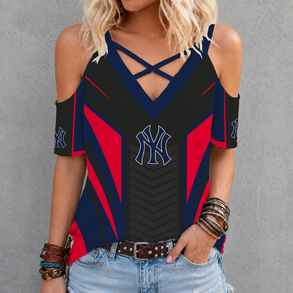 [FLASH SALE] NEW CUSTOMIZED MLB01 NYY NEW YORK YANKEES CRISS CROSS V-NECK TOP