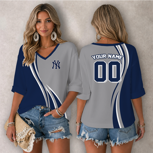 [FLASH SALE] NEW CUSTOMIZED MLB01 NYY NEW YORK YANKEES WOMEN'S HEART V-NECK LONG SLEEVE SHIRT