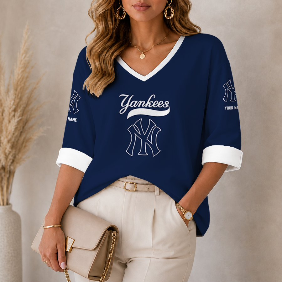 [FLASH SALE] NEW CUSTOMIZED MLB01 NYY NEW YORK YANKEES WOMEN'S HEART V-NECK LONG SLEEVE SHIRT
