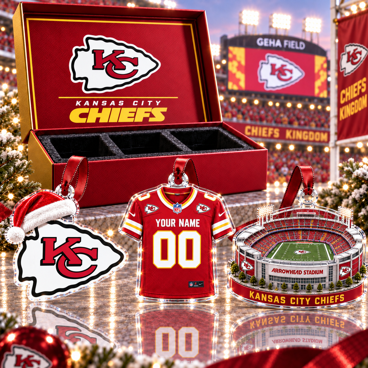 [FULL SET 3 ITEMS - NO BOX] NEW CUSTOMIZED NFL01 KCC KANSAS CITY CHIEFS CHRISTMAS ACRYLIC ORNAMENT