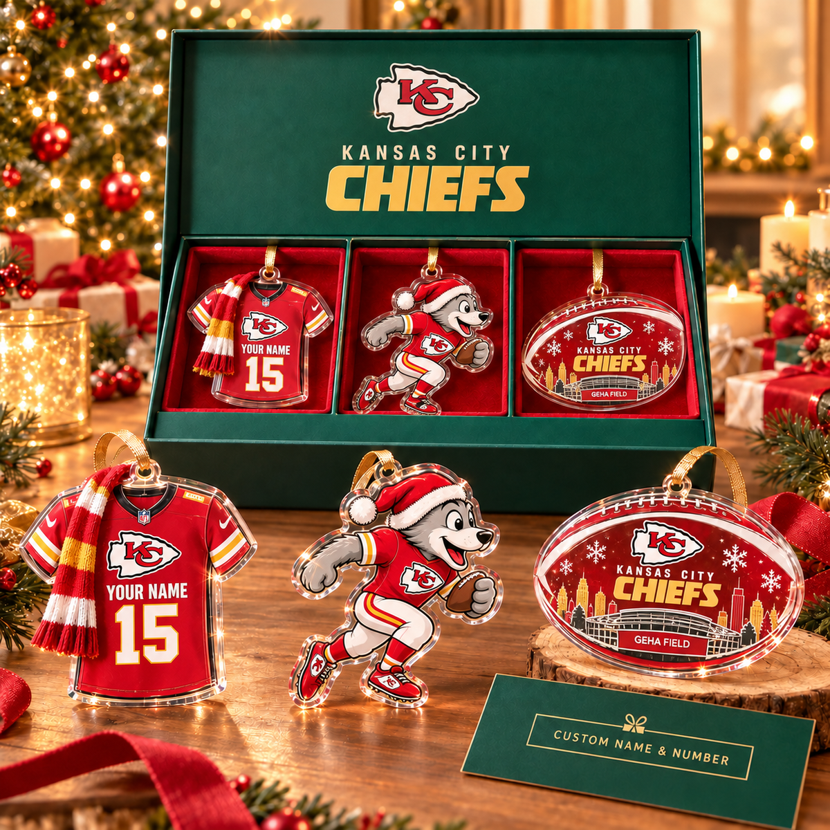 [FULL SET 3 ITEMS - NO BOX] NEW CUSTOMIZED NFL01 KCC KANSAS CITY CHIEFS CHRISTMAS ACRYLIC ORNAMENT