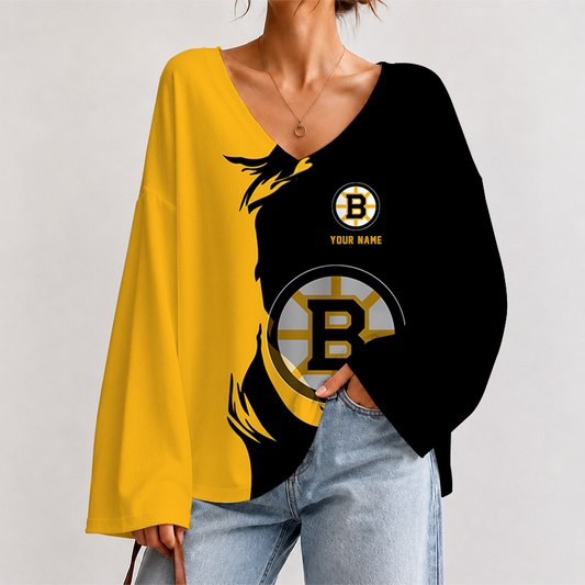 [SUPER SALE] NEW CUSTOMIZED NHL02 BTB BOSTON BRUINS V-NECK LONG SLEEVED CROP TOP