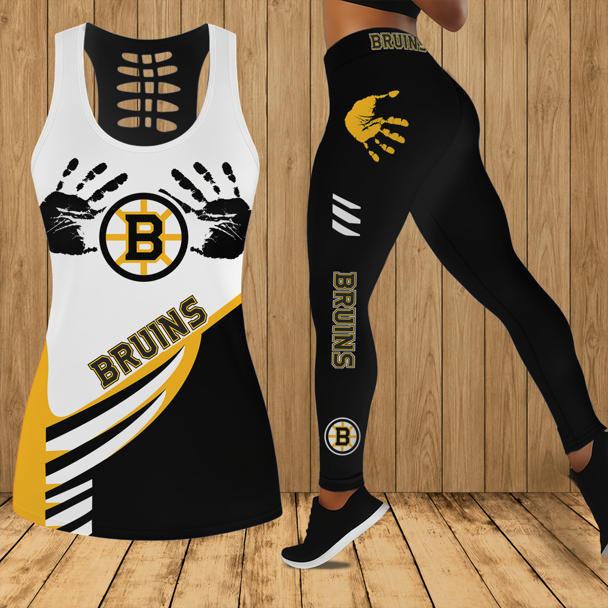 [SUPER SALE] NEW CUSTOMIZED NHL02 BTB BOSTON BRUINS HOLLOW TANK TOP & LEGGINGS SET