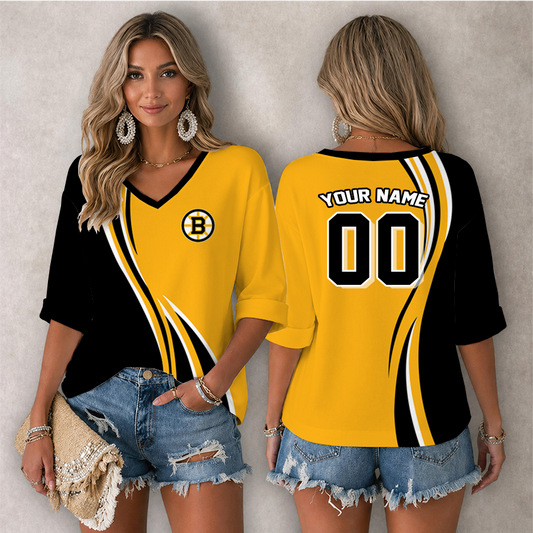 [SUPER SALE] NEW CUSTOMIZED NHL02 BTB BOSTON BRUINS WOMEN'S HEART V-NECK LONG SLEEVE SHIRT