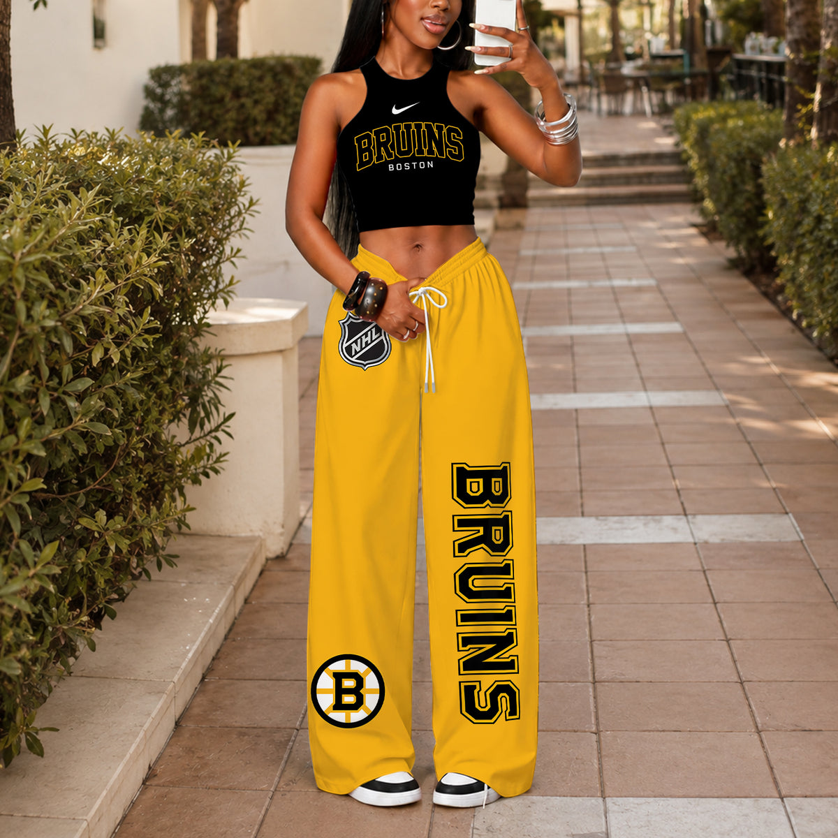 [SUPER SALE] NEW CUSTOMIZED NHL02 BTB BOSTON BRUINS WOMEN'S CROP TOP & LONGPANTS SET