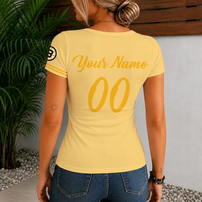 [SUPER SALE] NEW CUSTOMIZED NHL02 BTB BOSTON BRUINS WOMEN'S SHORT SLEEVE HENLEY T-SHIRT