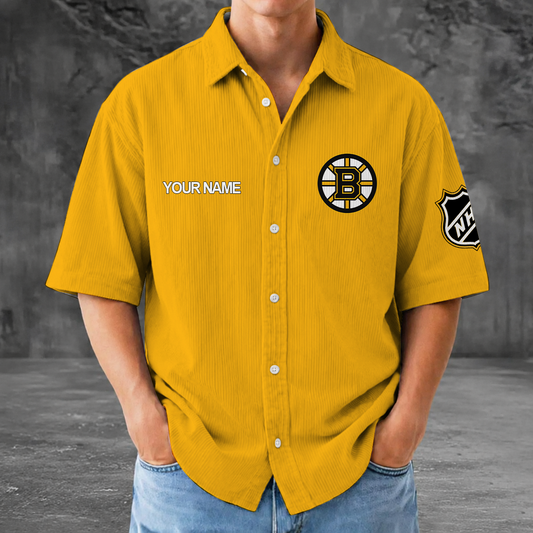 [SUPER SALE] NEW CUSTOMIZED NHL02 BTB BOSTON BRUINS SEERSUCKER BUTTON SHIRT