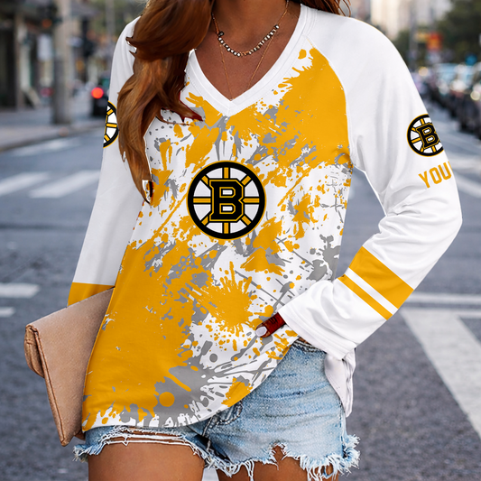 [SUPER SALE] NEW CUSTOMIZED NHL02 BTB BOSTON BRUINS WOMEN'S V-NECK LONG SLEEVED SHIRT