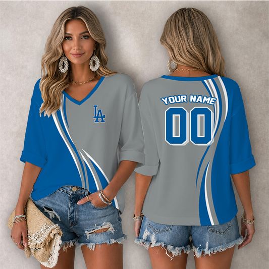 [FLASH SALE] NEW CUSTOMIZED MLB02 LAD LOS ANGELES DODGERS WOMEN'S HEART V-NECK LONG SLEEVE SHIRT