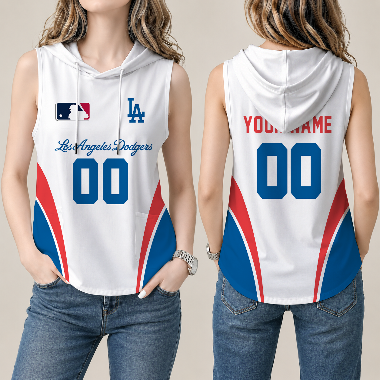 [FLASH SALE] NEW CUSTOMIZED MLB02 LAD LOS ANGELES DODGERS WOMEN'S SLEEVELESS HOODED POCKET TANK TOP