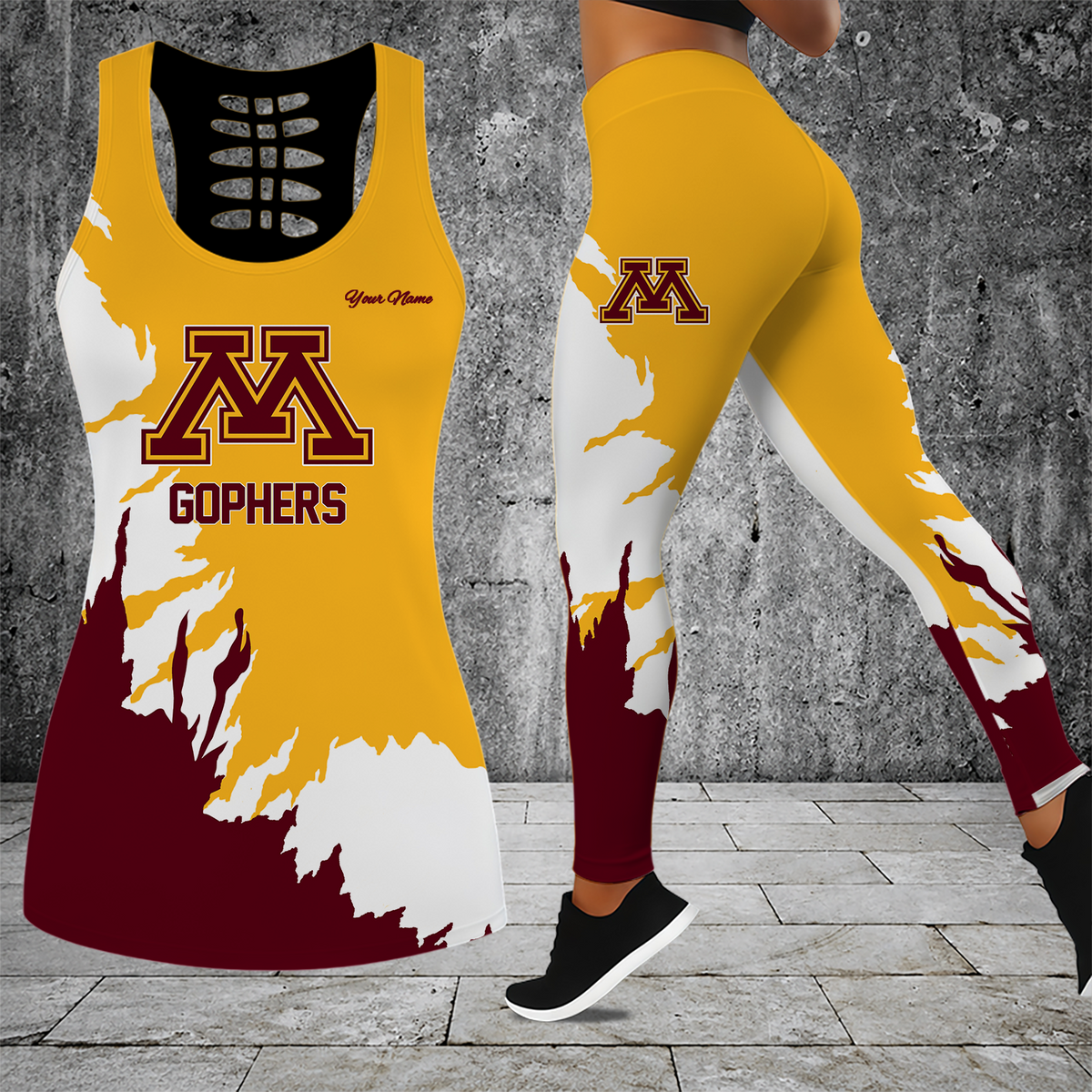 [FAN FAVORITE] NEW CUSTOMIZED NCAA MFF02 MGG MINNESOTA GOLDEN GOPHERS HOLLOW TANK TOP & LEGGINGS SET