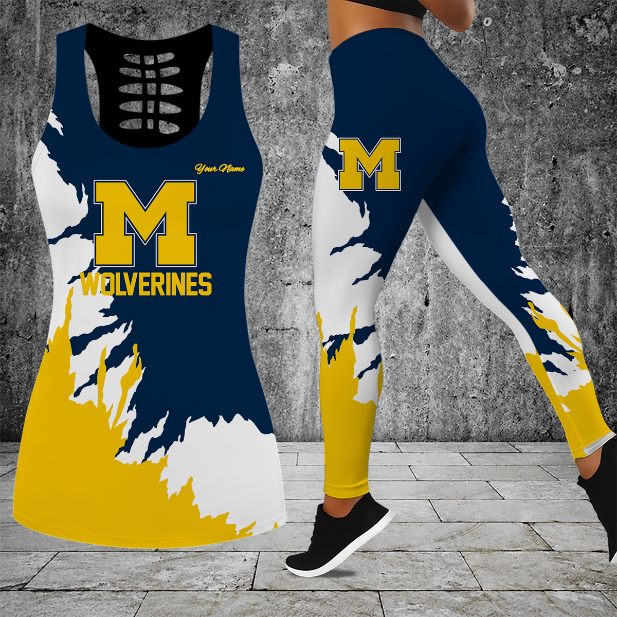 [FAN FAVORITE] NEW CUSTOMIZED NCAA MAM02 MIW MICHIGAN WOLVERINES STRAPPY HOLLOW TANK TOP & LEGGINGS SET