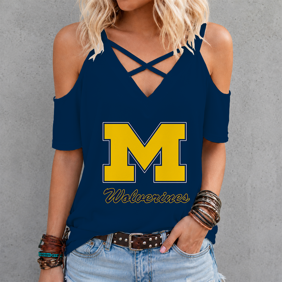 [FAN FAVORITE] NEW CUSTOMIZED NCAA MAM02 MIW MICHIGAN WOLVERINES CRISS CROSS V-NECK TOP