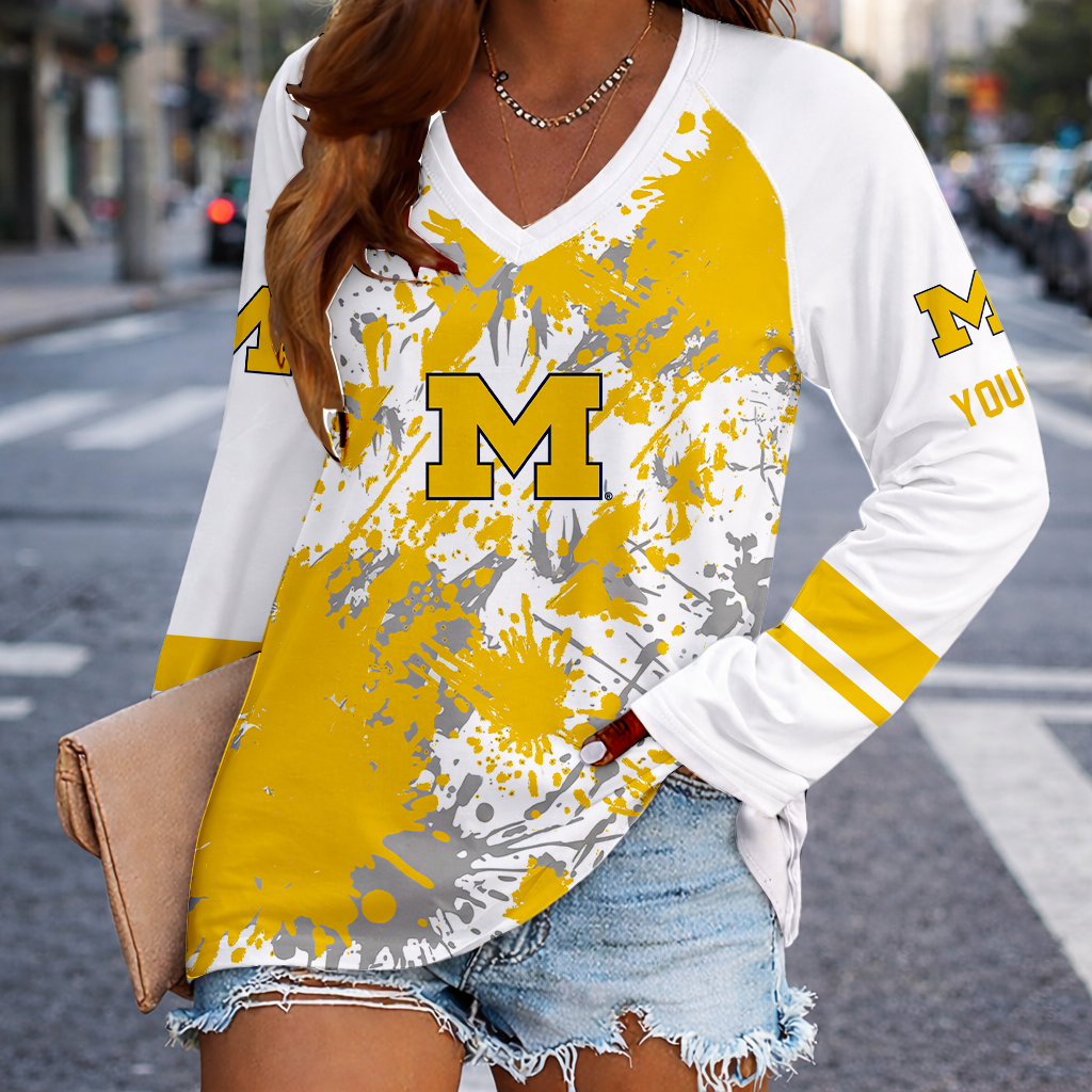 [FAN FAVORITE] NEW CUSTOMIZED NCAA MAM02 MIW MICHIGAN WOLVERINES WOMEN'S V-NECK LONG SLEEVED SHIRT
