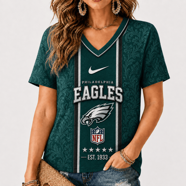 [SPECIAL OFFER] NEW CUSTOMIZED NFL02 PPE PHILADELPHIA EAGLES V-NECK FEMALE SHIRT