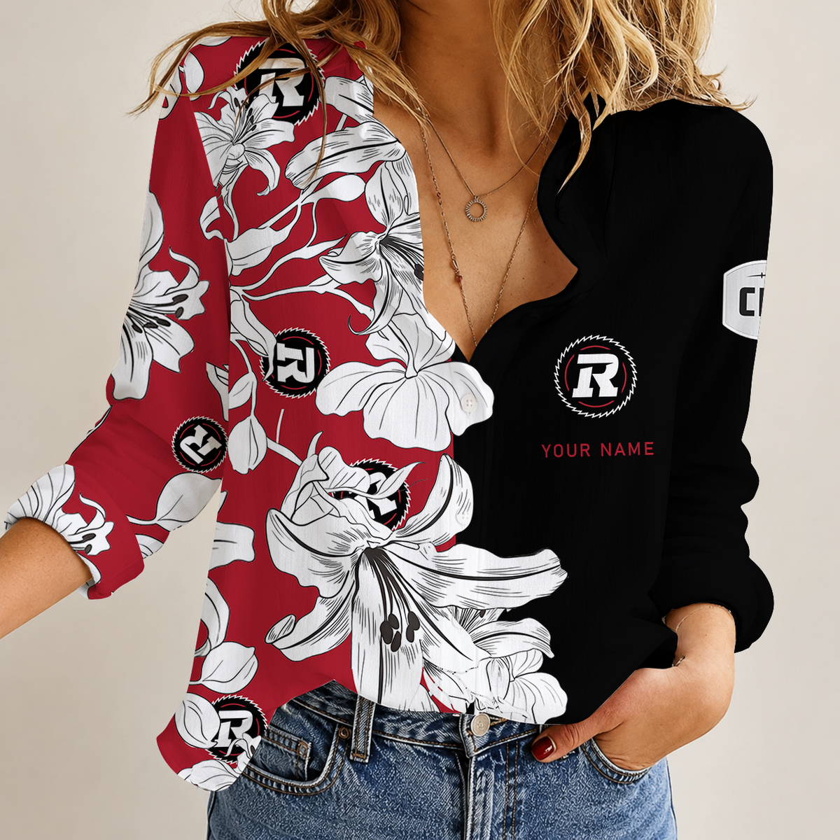 [FAN EXCLUSIVE] NEW CUSTOMIZED CFL02 OTT OTTAWA REDBLACKS STRAPPY WOMEN CASUAL SHIRT